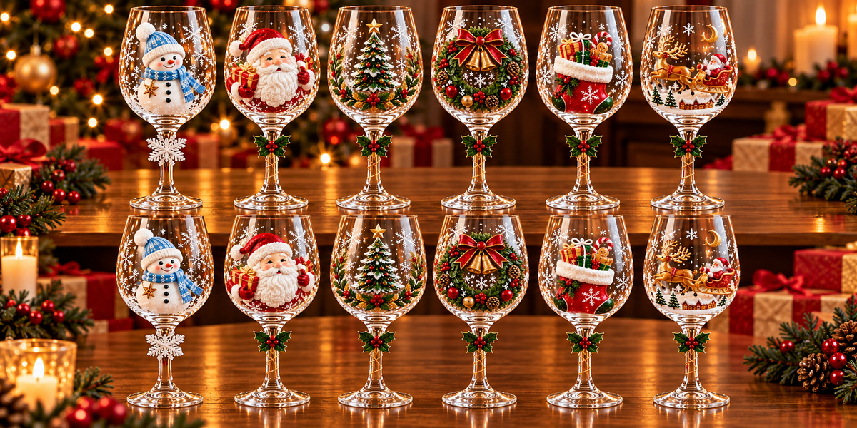 Set de Copas de Vino Navideñas 3D con Caja de Regalo · 3