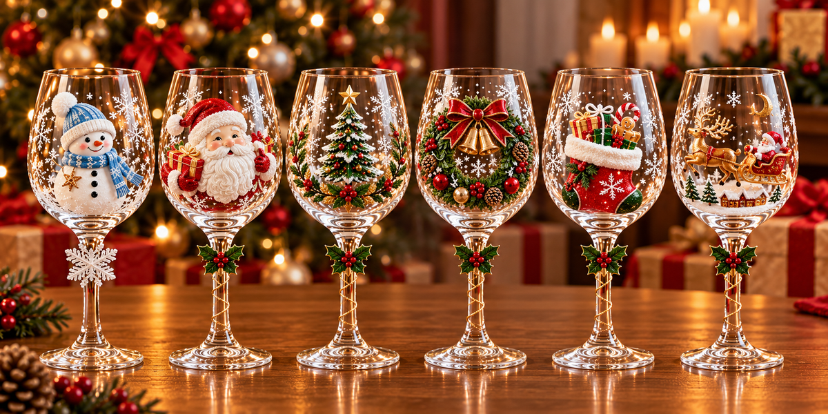 Set de Copas de Vino Navideñas 3D con Caja de Regalo · 2